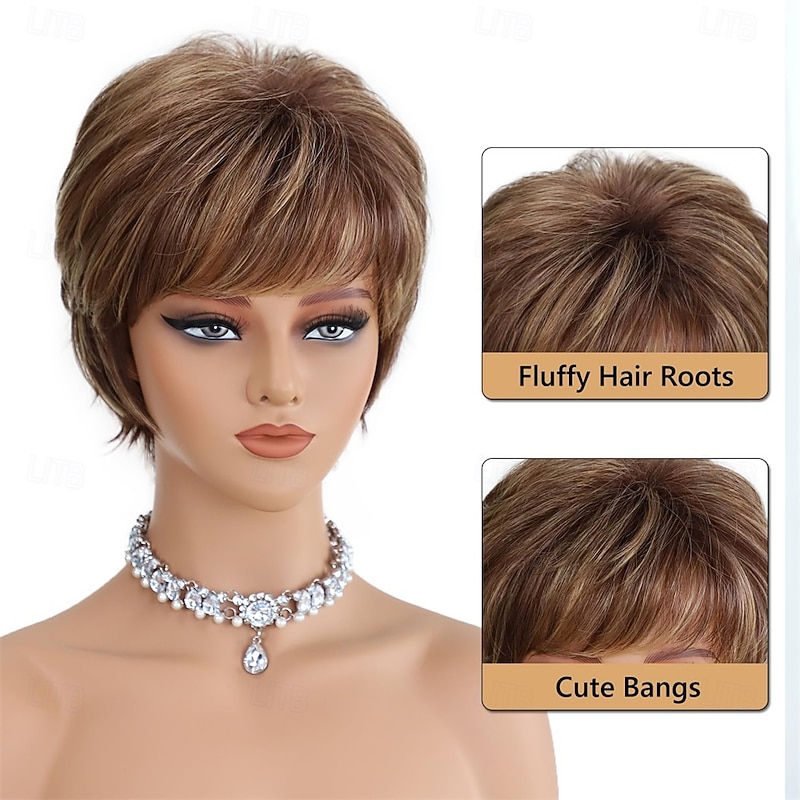 Pixie Layered Short Blonde Brown Wigs for White Women With Bangs Realistic Wig Synthetic Heat Resistant Wigs Daily Use Wig4