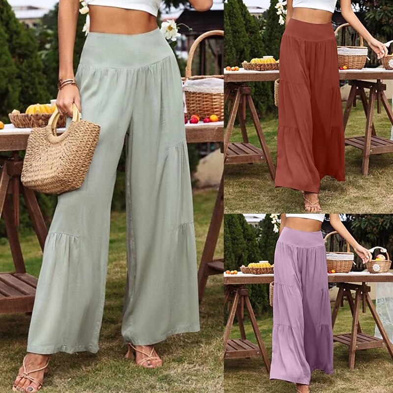 Women's Cotton Linen Pants Slacks Fashion Full Length Natural Plain Elastic Waist Outdoor Comfortable Casual Daily Weekend Dark Magenta Wine Navy Light Sky Blue Summer Regular Fit