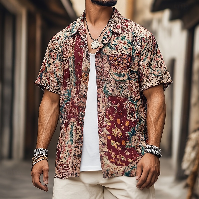 Men's Floral Print Indian Boho Shirt Summer Hawaiian Shirt Button Up Shirt Short Sleeve Hawaiian Vacation Holiday Beach Wear Summer Spring Turndown 3D Print Collared Shirts Red - Main Image