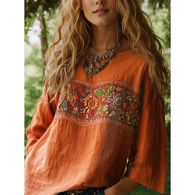 Women's Blouse Long Sleeve Floral Graphic Bohemia Daily Ethnic 3/4 Length Sleeve Crew Neck Boat Neck Regular Tops Daily Holiday Vacation Wear Print Black Red Orange Beige Summer Spring