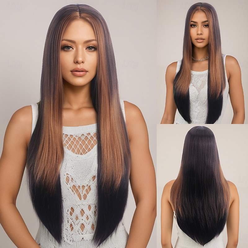 Synthetic Wig kinky Straight Natural Straight Layered Haircut Deep Parting Machine Made Wig 30 inch A1 Synthetic Hair Women's Classic Comfortable Ombre Hair Mixed Color