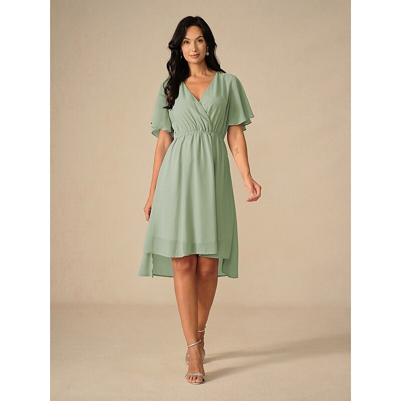 Women's Wedding Guest Cocktail Dress Bridesmaid Chiffon Split Thigh Elegant Midi Dress V Neck Short Flounce Sleeve Pink Blue Green Color3