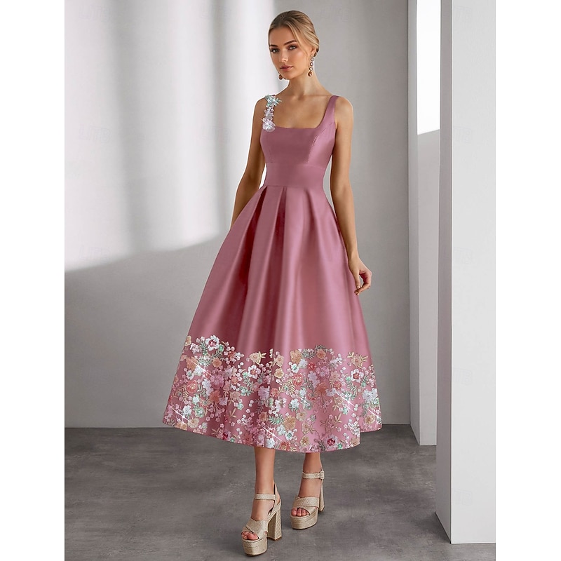 Formal Floral A-Line Cocktail Dresses Elegant Dress Wedding Guest Ankle Length Sleeveless Boat Neck Pocket Satin with Floral Print Embroidery Pocket Dresses