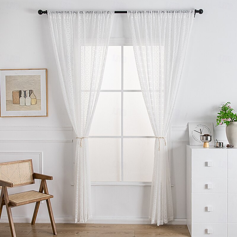 Home Boho Curtains for Bedroom, Window Treatments Bohemian Geometry Knitted Sheer Crochet Lace Vintage Cotton Drapes Tassels4