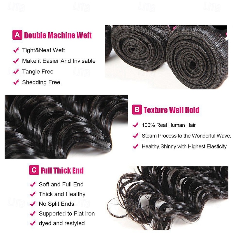 Brazilian Human Hair  Deep Wave Human Hair Weave Extension 3 Bundles With Closure 4x4 Lace Closure hair 10-28 inch Black Women3