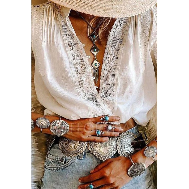 Women's Blouse Lace Tops Plain Modern Casual Long Sleeve V Neck Regular Tops Holiday Going out Lace White Summer