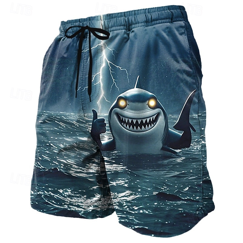 Men's Shark Funny Sea Creatures Swim Trunks Swim Shorts Board Shorts Mid Waist Streetwear Hawaiian Beach Vacation Wear Side Pockets Mesh Lining Elastic Drawstring Waist Designer Clothing Apparel