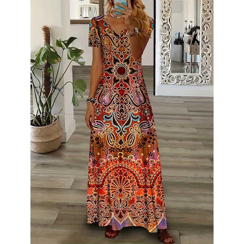 Women's Maxi Dress T Shirt Dress Tee Dress Sundress Summer Dress Vacation Boho Holiday Regular Fit Graphic Tribal Abstract Short Sleeve Crew Neck Yellow Blue Purple Orange Summer Spring2