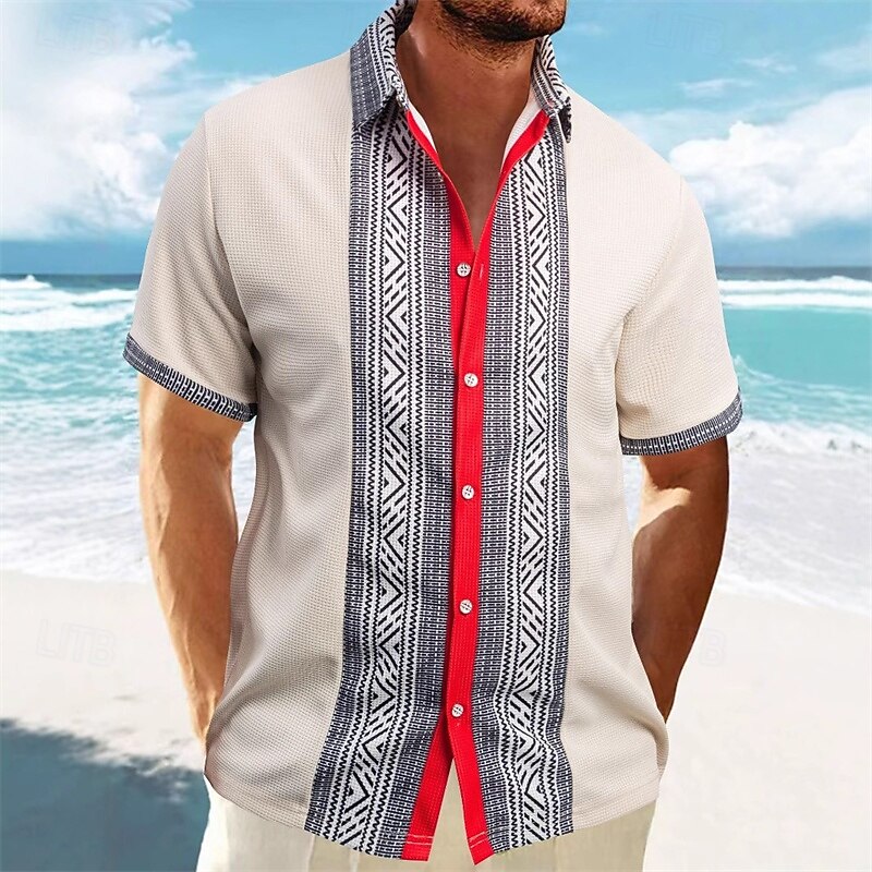 Men's Shirt Waffle Shirt Summer Shirt Casual Shirt Beach Shirt Button Up Shirt Black White Wine Green khaki Short Sleeve Geometric Lapel Vacation Daily Patchwork Clothing Apparel Fashion Casual4