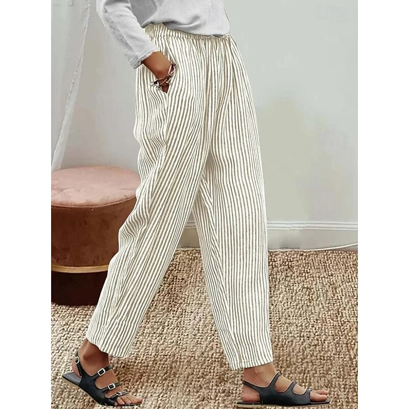 Women's Cotton Linen Pants Baggy Pants Linen Like Vacation Vintage Hawaiian Full Length High Waist Graphic Striped Printing Thermal Warm Breathable Soft Micro-elastic Vacation Daily Going out3