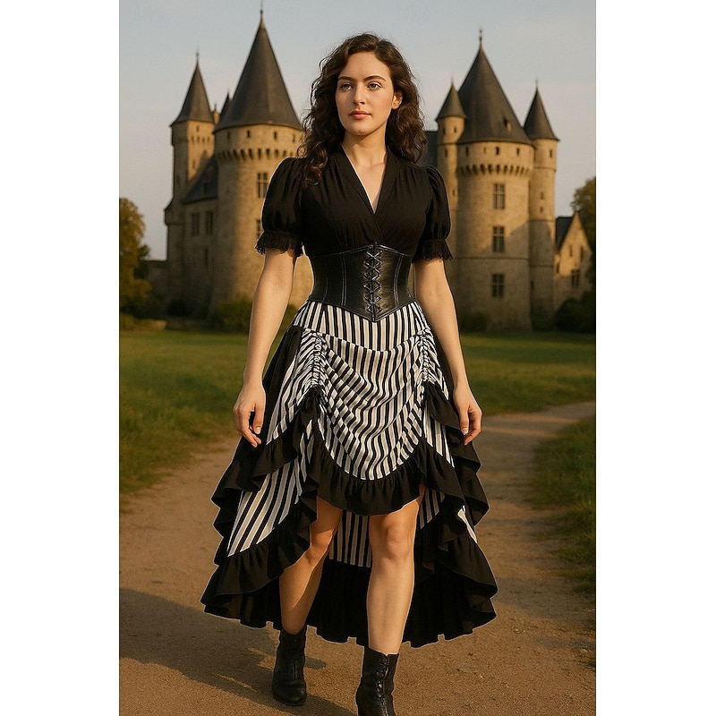 Retro Vintage Renaissance Steampunk Asymmetrical Dress Corset Outfits Pirate Stripes A-Line Fancy Dress Women's Pirate Royal Halloween Carnival Party LARP Ren Faire Adults' Top Skirt Corset All2