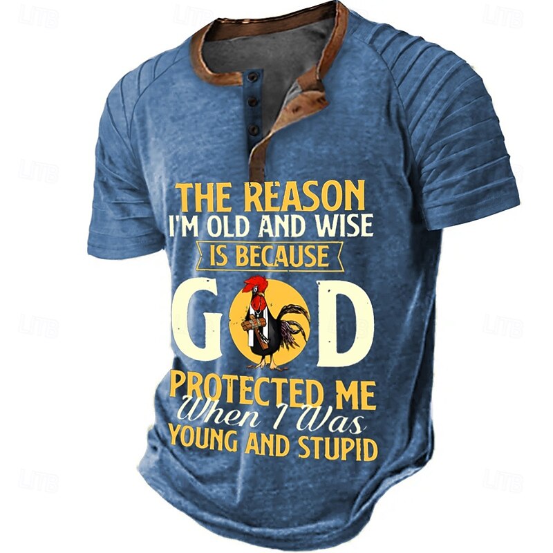 Mens Green Short Sleeve Henley Graphic T-Shirt, Funny 'Old & Wise Because God Protected Me When Young & Stupid' Quote Humor Top2