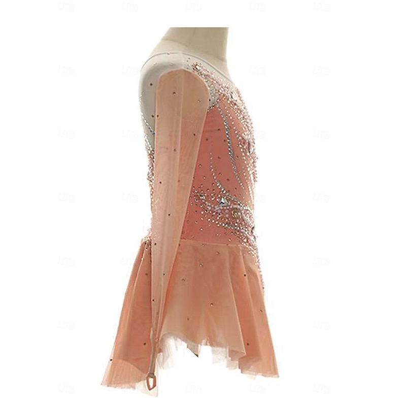 Figure Skating Dress Women's Girls' Ice Skating Dress Orange Patchwork Thumbhole Mesh Spandex Stretchy Training Practice Professional Skating Wear Thermal Warm Crystal / Rhinestone Long Sleeve Ice3