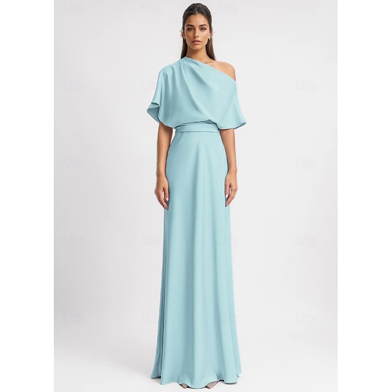 A-Line Evening Gown Elegant Dress Formal Floor Length 3/4 Length Sleeve One Shoulder Pocket Stretch Crepe with Ruched3