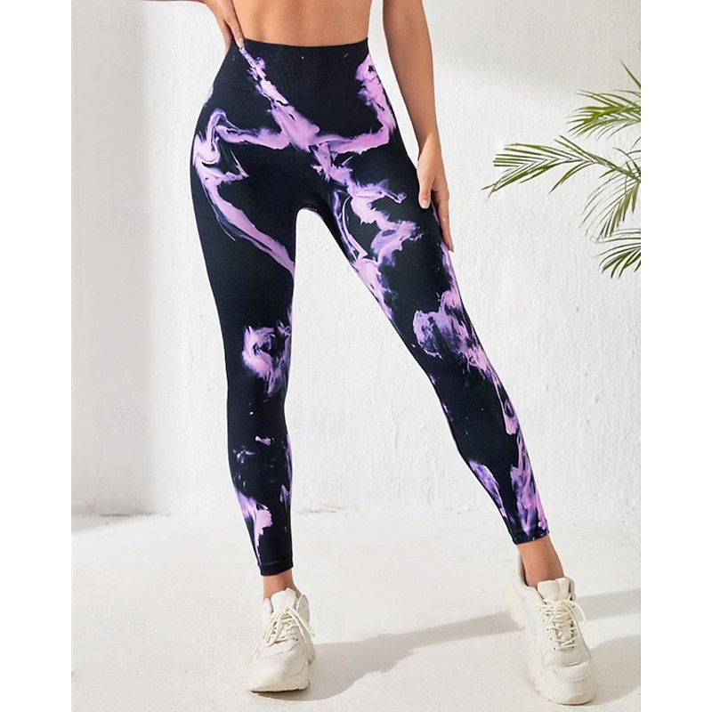 Women's Yoga Pants Yoga Leggings Elastic Waistband Butt Lift Tummy Control Pilates Gym Workout Workout Pants Tie Dye Purple Fall Sports Activewear Stretchy Slim2