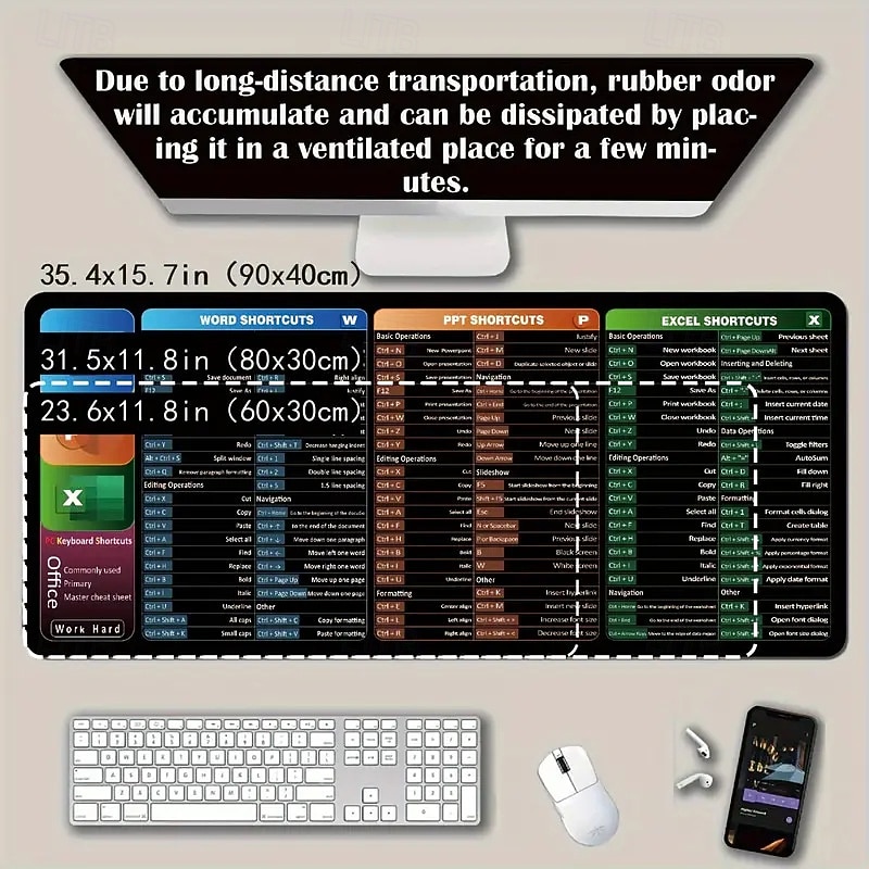 Excel Cheat Sheet Desk Mat, XL Mouse Pad with Shortcuts, 31.5"x11.8" or 35.4"x15.7", Desk Protector, Non-Slip, Waterproof, Office Work & Gaming, Productivity Gift for Professionals & Students3