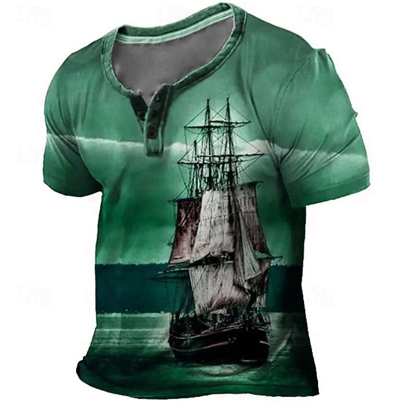 Sailboat T-Shirt Mens Graphic 3D For Vacation | Blue Summer Cotton Fashion Designer Comfortable Print Henley Tee Outdoor Casual Daily Day Pirate4