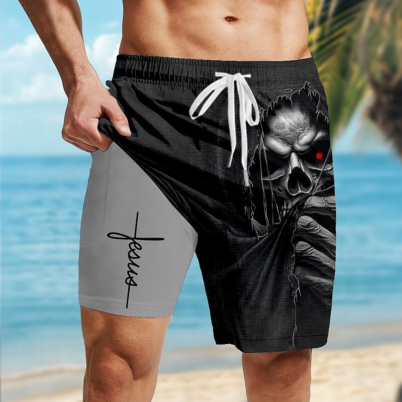 Men's Letter Printed Faith Halloween Costumes Lined Shorts 2 in 1 Board Shorts Swim Shorts Mid Waist Vintage Retro Holiday Streetwear Side Pockets With Compression Liner Elastic Drawstring Waist3