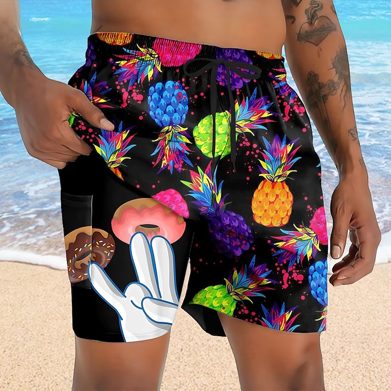Men's Pineapple Funny Donuts Lined Shorts 2 in 1 Board Shorts Swim Shorts Mid Waist Hawaiian Vacation Holiday Beach Wear Side Pockets With Compression Liner Elastic Drawstring Waist Designer Clothing