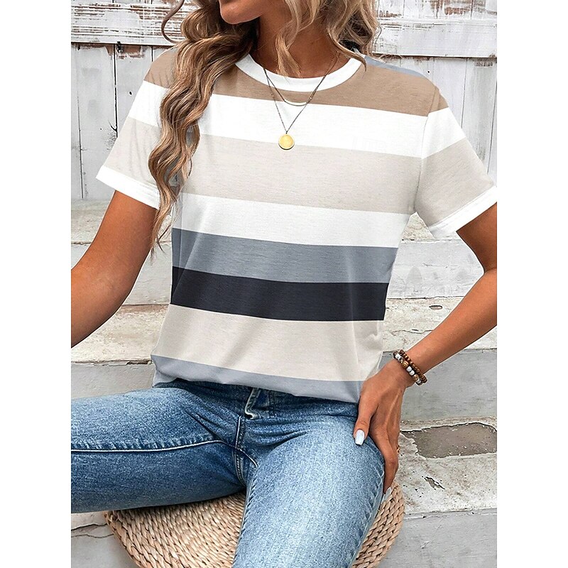 Women's T Shirt Graphic Geometric Striped Vintage Stylish Classic Short Sleeve Crew Neck Round Neck Regular Tops Daily Print Grass Green Khaki Summer Spring