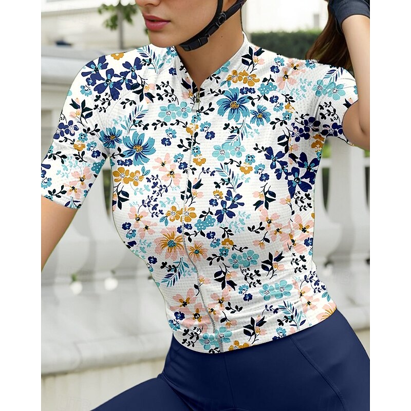 Women's Cycling Jersey Graphic Floral Botanical Short Sleeve Bike Jersey Top with 3 Rear Pockets Sunscreen UV Resistant Quick Dry Reflective Strips Sports Blue Clothing Apparel3