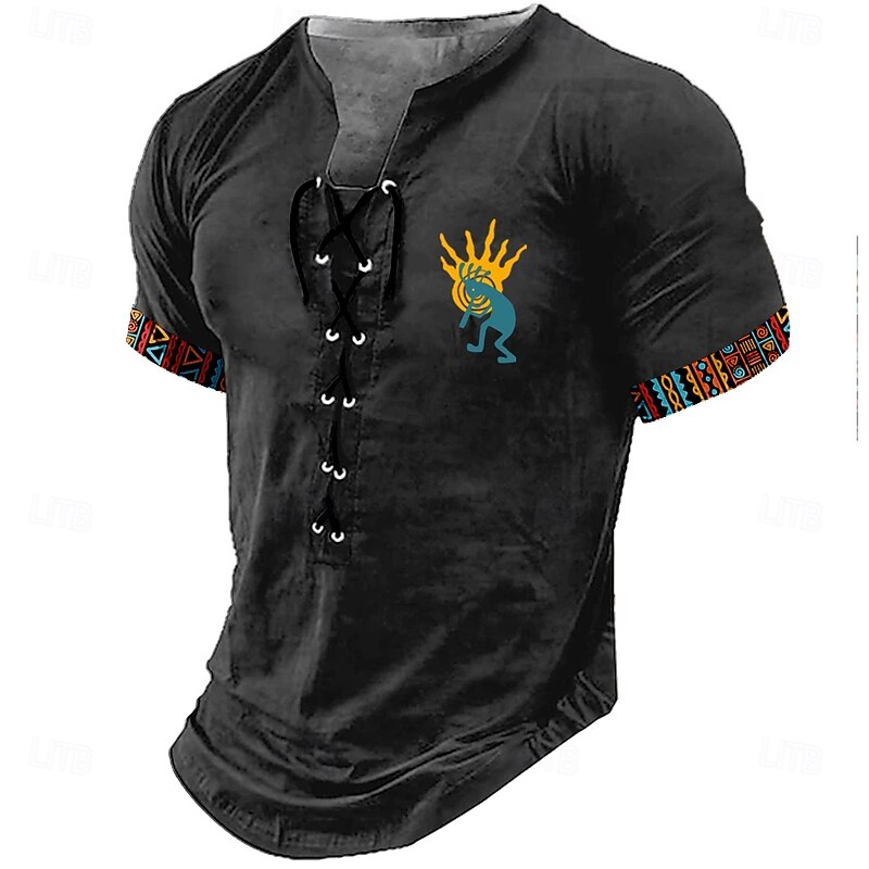 Men's Kokopelli Shirt Short Sleeve T shirt 3D Print Lace Up Neck Shirt Retro Vintage Vintage Retro Street Casual Daily Black Khaki Gray Summer Spring All Seasons Clothing Apparel S M L XL XXL XXXL3