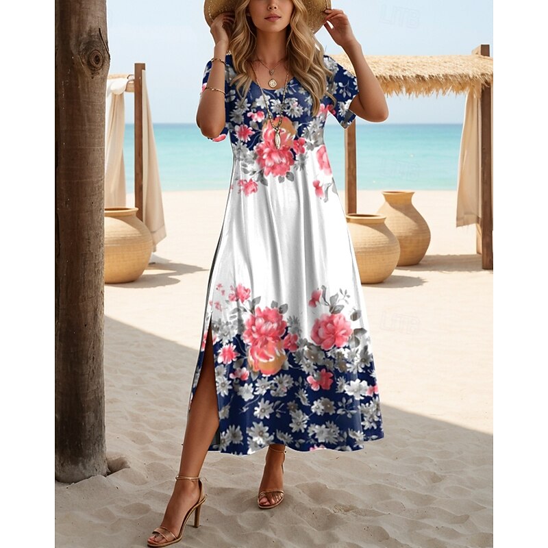 Women's Maxi Dress T Shirt Dress Tee Dress Sundress Shift Dress Summer Dress Bohemia Vintage Party Holiday Beach Regular Fit Floral Vintage Short Sleeve Crew Neck Navy Blue Summer Spring