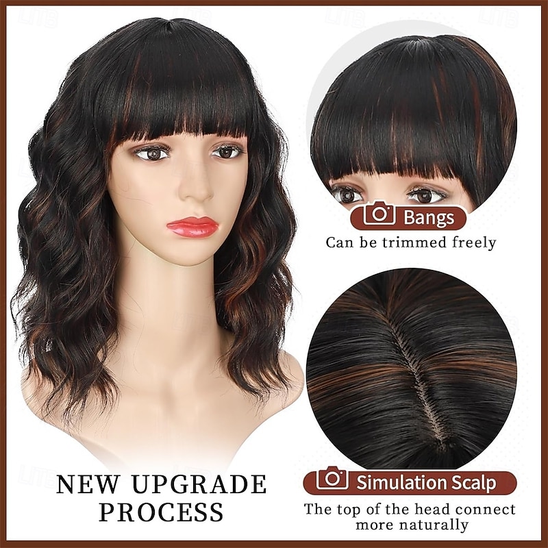 Lativ Black Mix Brown Wig with Bangs Short Wavy Wigs for Women Shoulder Length Curly Bob Wigs 14 Inches for Halloween Cosplay Daily Party Use3