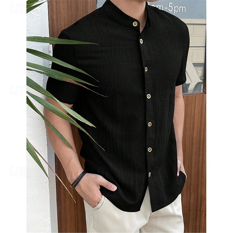 Men's Shirt Summer Shirt Casual Shirt Beach Shirt Button Up Shirt Black White Red Royal Blue Sky Blue Short Sleeve Plain Grandad Collar Standing Collar Vacation Hawaiian Clothing Apparel Polyester3