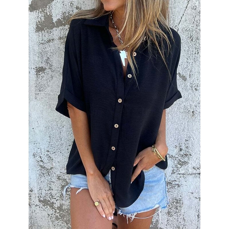 Women's Shirt Plain Basic Modern Half Sleeve Shirt Collar Regular Tops Daily Buttons Black White Red Camel Purple Summer2
