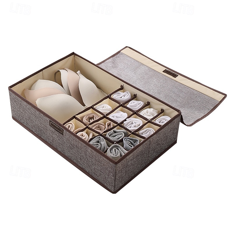 Sock Underwear Drawer Organizer Storage Box, Foldable Divided Storage with Lid, Cotton Linen Fabric, Bra and Panties Organizer, Dust-Proof Clothing Storage Box for Home Use
