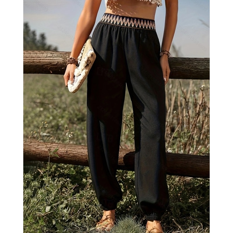Women's Slacks Casual Boho Full Length Natural Flower Patchwork Elastic Waist Outdoor Comfortable Street Going out Black Summer Regular Fit2