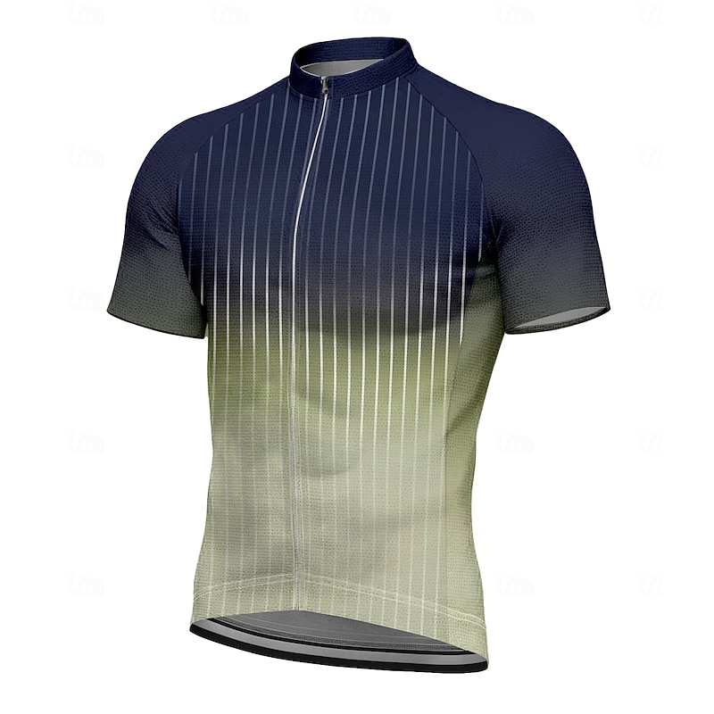 Men's Cycling Jersey Graphic Gradient Stripes Short Sleeve Bike Tee Tshirt Jersey Top with 3 Rear Pockets UV Resistant Quick Dry Front Zipper Reflective Strips Sports Navy Blue Clothing Apparel