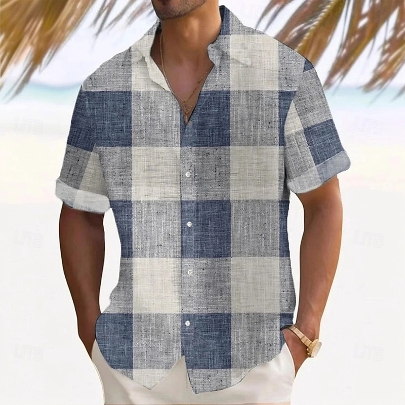 Men's Geometric Color Block Patchwork Shirt Summer Shirt Button Up Shirt Short Sleeve Fashion Casual Vacation Holiday Streetwear Summer Turndown 3D Print Linen Like Shirt Blue Khaki2