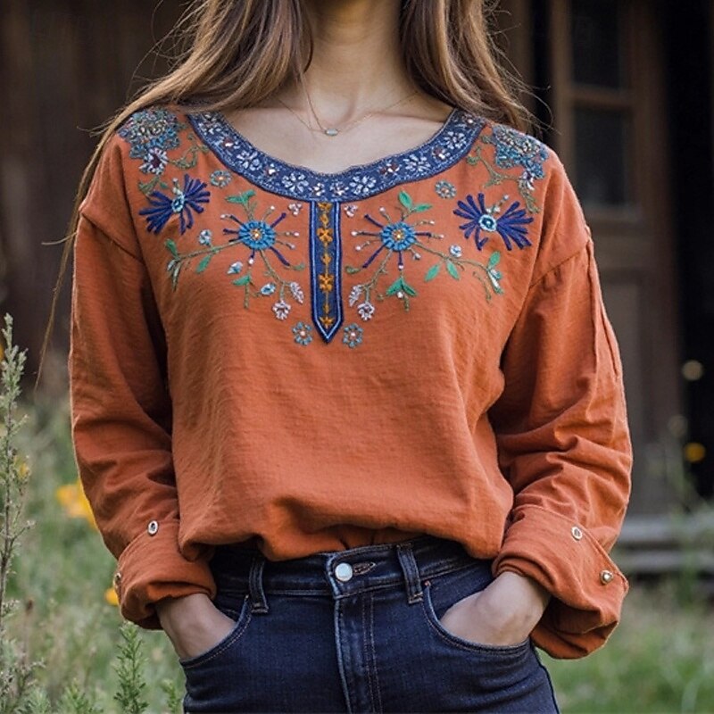 Women's Cotton Linen Shirts Boho Shirt Plain Flower Daily Stylish Basic Long Sleeve Crew Neck Regular Tops Work Daily Holiday Print Blue Purple Orange Light Blue Spring Fall