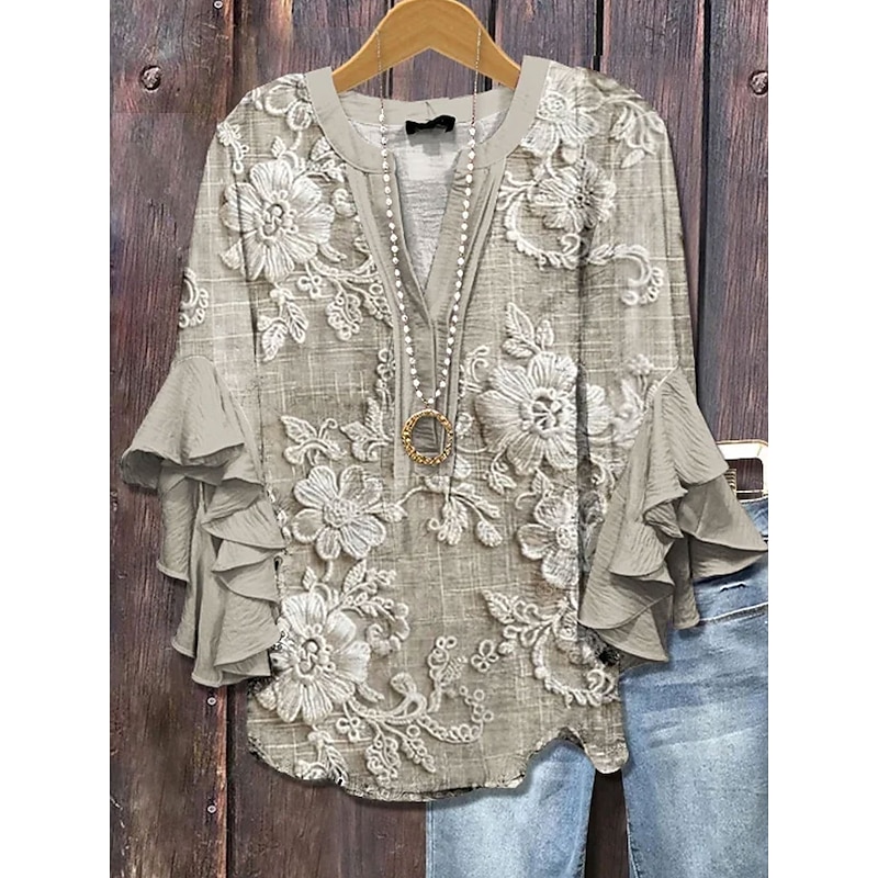 Women's Retro Blouse Layered Ruffle Sleeve Tops 3D Print Vintage Floral Graphic Daily Stylish Casual 3/4 Length Sleeve Regular Tops Daily Holiday Vacation Wear Print Purple Green Beige