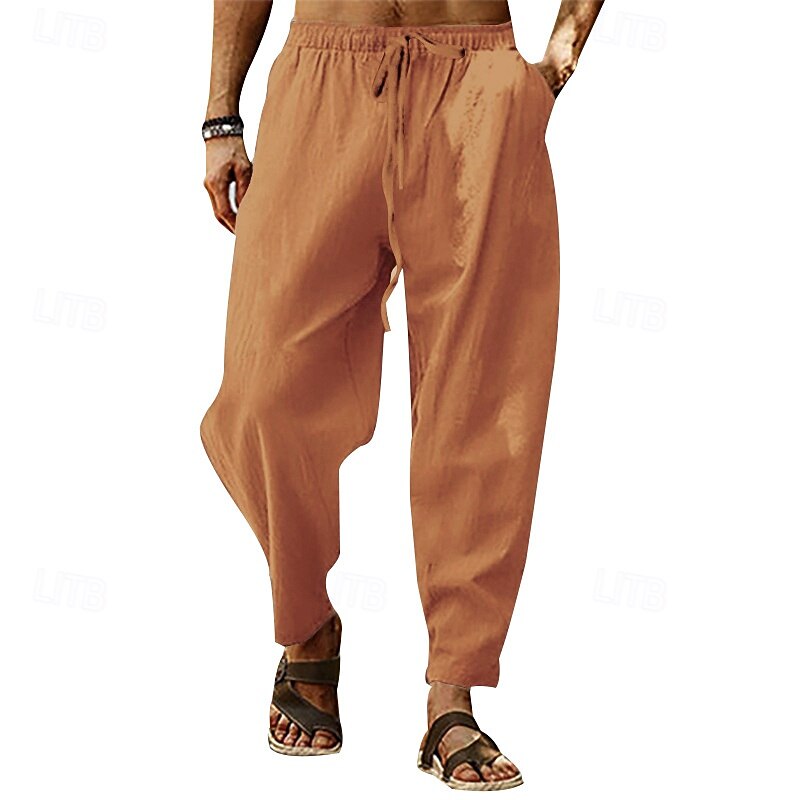 Men's Linen Pants Trousers Summer Pants Harem Pants Pocket Drawstring Elastic Waist Plain Comfort Breathable Full Length Outdoor Casual Daily Fashion Classic Style White Yellow3