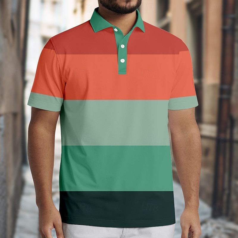 Men's Horizontal Stripes Rugby Polo Short Sleeve Polo Shirts Collared Shirts Casual School Outdoor Athleisure Daily Wear Buttons 3D Print Summer Blue Orange2
