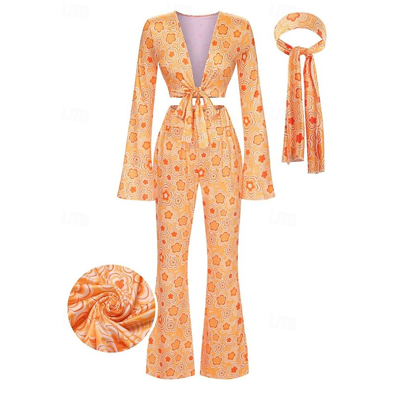 Retro Vintage 1970s Outfits Crop Top Bell Bottom Pants Hippie Bow Tie Floral Fancy Dress Women's Halloween Carnival Masquerade Party Daily Wear Adults' Top Pants Spring & Summer2
