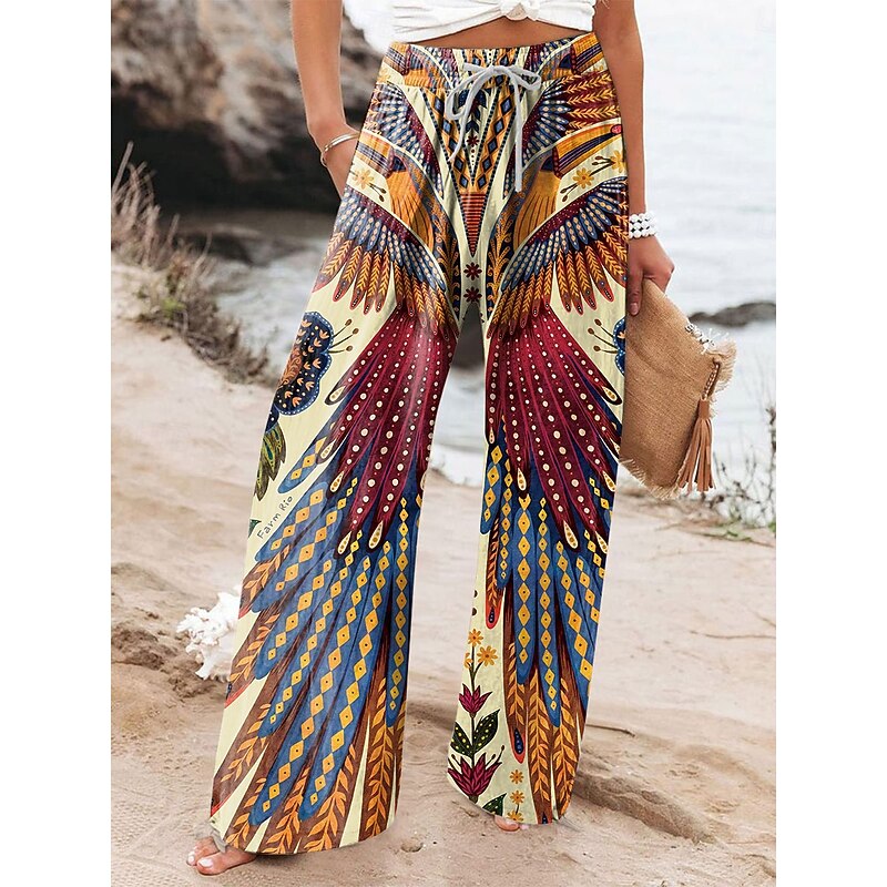 Women's Wide Leg Chinos Baggy Pants Vacation Vintage Fashion Full Length High Waist Floral Graphic Abstract Printing Soft Breathable Micro-elastic Formal Vacation Street Yellow Blue Purple Summer