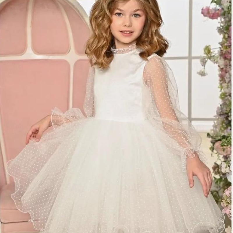 Kids Girls' Party Dress Solid Color Long Sleeve Performance Mesh Princess Sweet Mesh Mid-Calf Sheath Dress Tulle Dress Summer Spring Fall kids White4