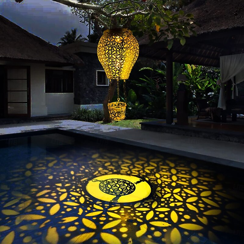 1 Pc Outdoor Solar Waterproof Hot Air Balloon Lawn Plug in Light Metal Hollow Projection Light Courtyard Garden Path Landscape Light Camping Light Decorative Light2