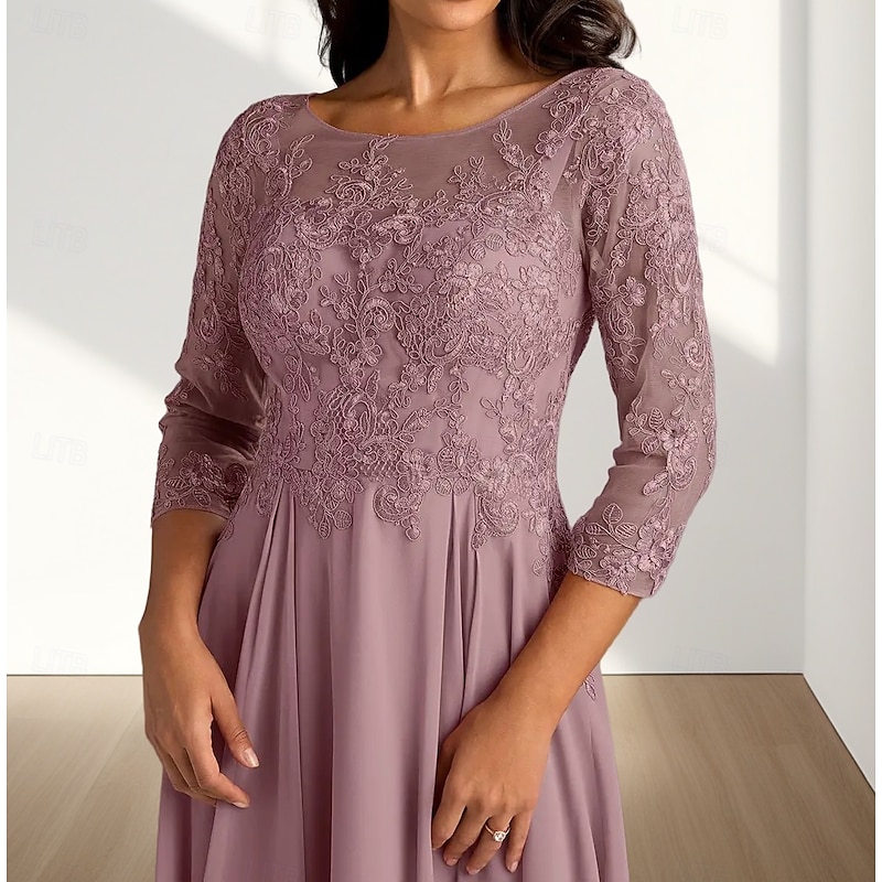 A-Line Mother of the Bride Dress Wedding Guest Elegant Crew Neck Tea Length Chiffon 3/4 Length Sleeve with Pleats Appliques Midi Dress4
