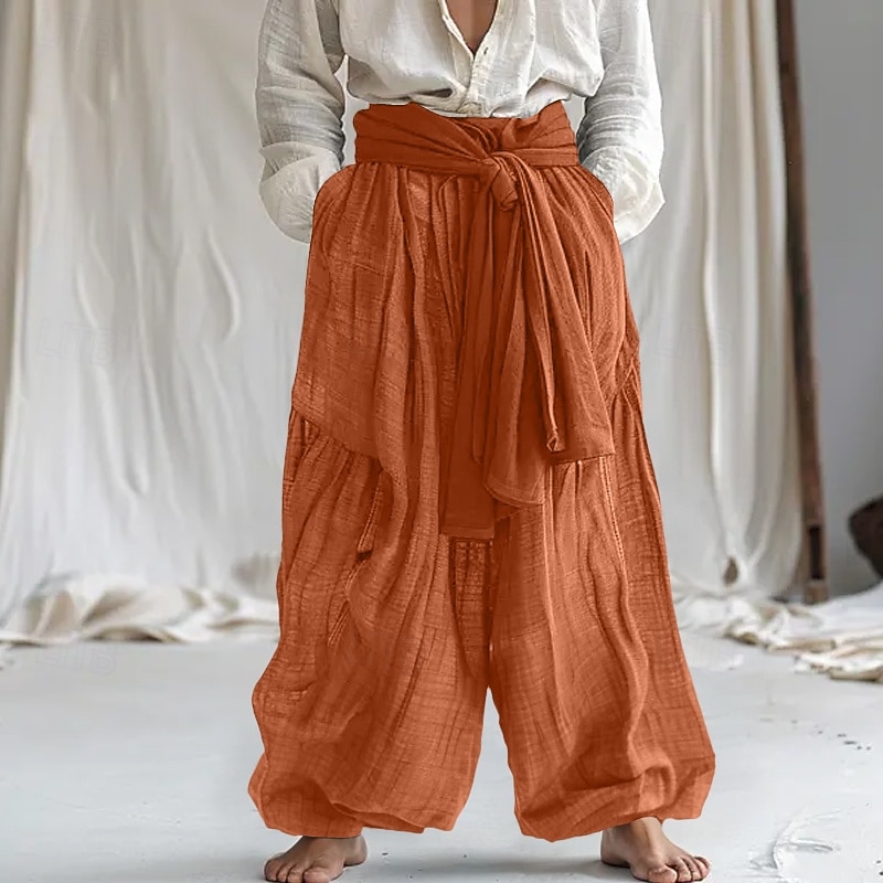 Men's Linen Pants Trousers Summer Pants Baggy Pants Drawstring Elastic Waist Wide Leg Plain Comfort Breathable Full Length Home Yoga Holiday Fashion Classic Style White Navy Blue Micro-elastic3