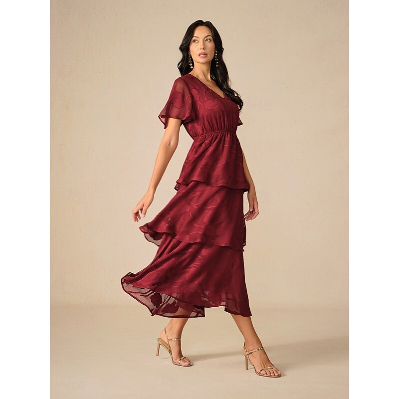 Women's Maxi Dress A Line Dress Elegant Formal Flutter Sleeve Wedding Guest Cocktail Party Regular Fit Plain Short Sleeve V Neck Wine Summer2