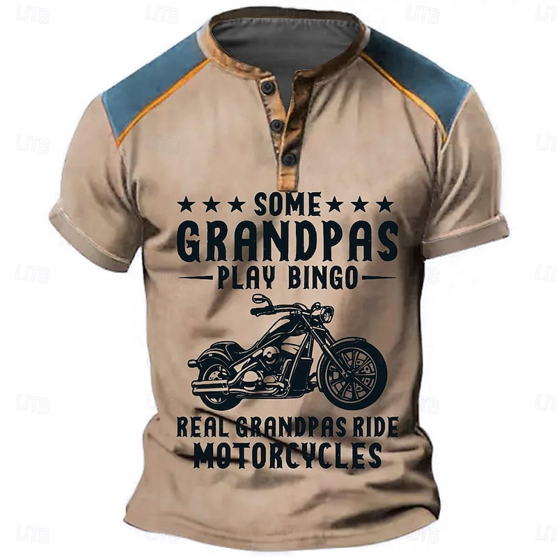 Motorcycle Grandpa Men's Fashion Casual Street Style 3D Print T shirt Tee Henley ShirtSports Outdoor Casual Daily T shirt Pink Blue Green Short Sleeve Henley Shirt Spring & Summer Clothing Apparel