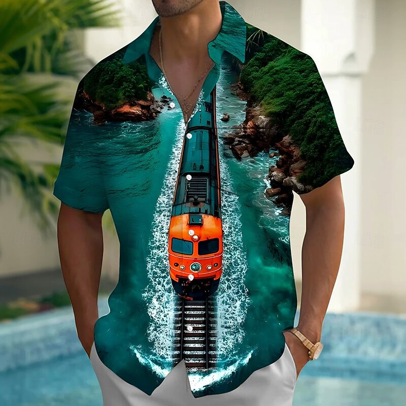 Men's Optical Illusion Ocean Train Shirt Summer Hawaiian Shirt Button Up Shirt Short Sleeve Hawaiian Vacation Holiday Beach Wear Summer Spring Turndown 3D Print Collared Shirts Front One Pocket Blue