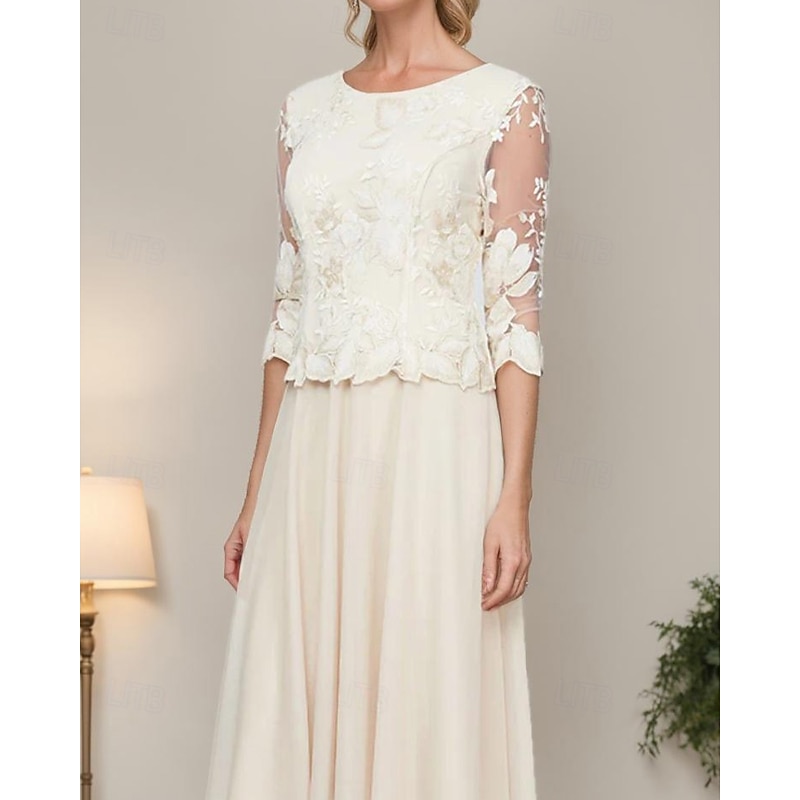 A-Line Mother of the Bride Dress Elegant Simple Minimalist Crew Neck Tea Length Chiffon Lace Half Sleeve with Floral Lace Appliques2