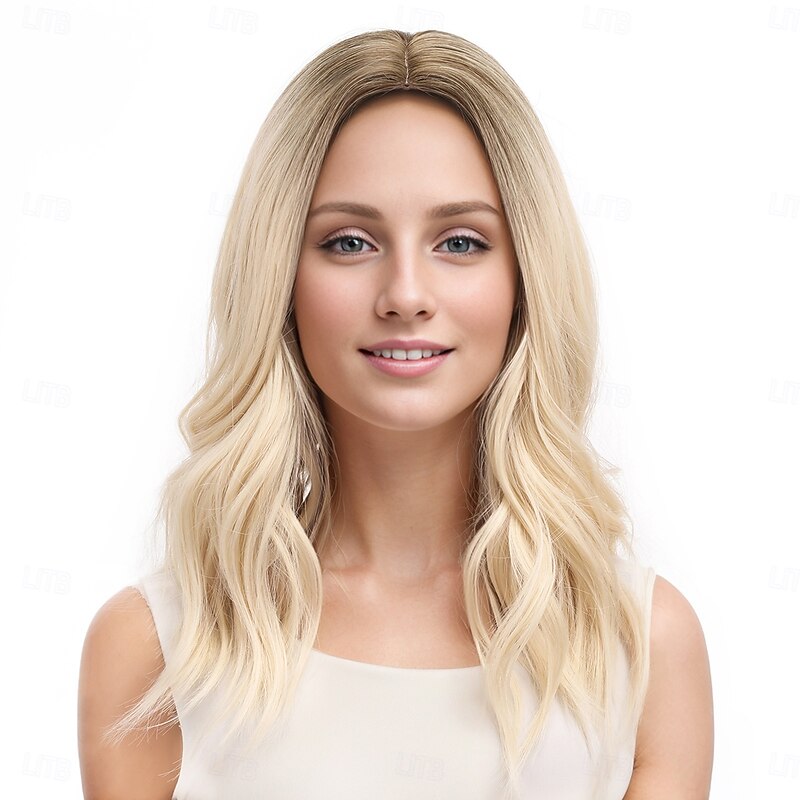 Synthetic Wig Wavy Deep Wave Middle Part Deep Parting Machine Made Wig 18 inch A1 Synthetic Hair Women's Middle Part Classic Color Gradient Blonde