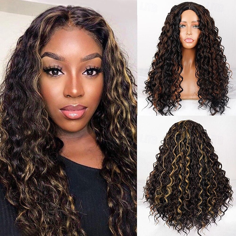 Synthetic Wig Jerry Curl Water Wave Layered Haircut Deep Parting Machine Made Wig 26 inch A1 Synthetic Hair Women's Classic Adorable Comfortable Brown4